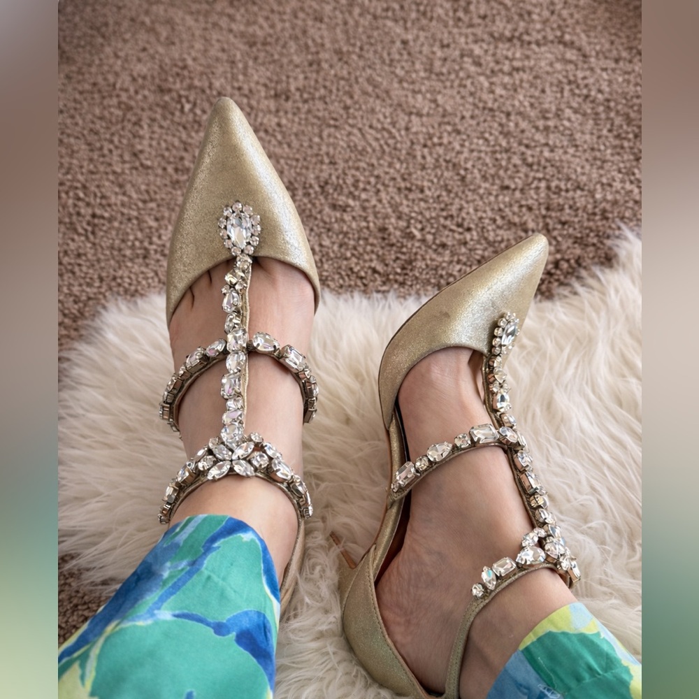 Badgley Mischka Gold Crystal-Embellished T-Strap Heels